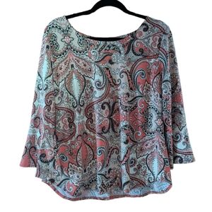 Roz & Ali Trumpet Sleeve Orange Paisley Scoop Neck Polyester Blouse Size L